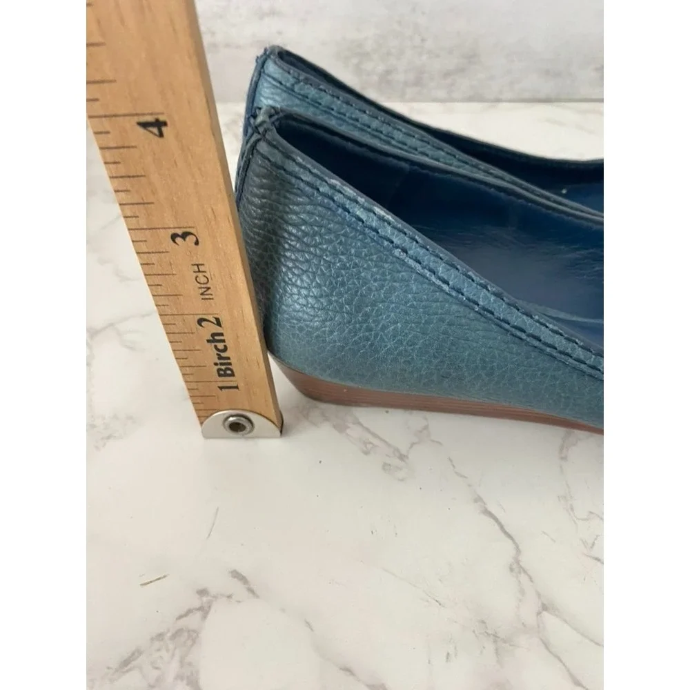 Tory Burch Navy Blue Leather Leticia Wedge Pumps Sz 6M Blue Logo Office Work